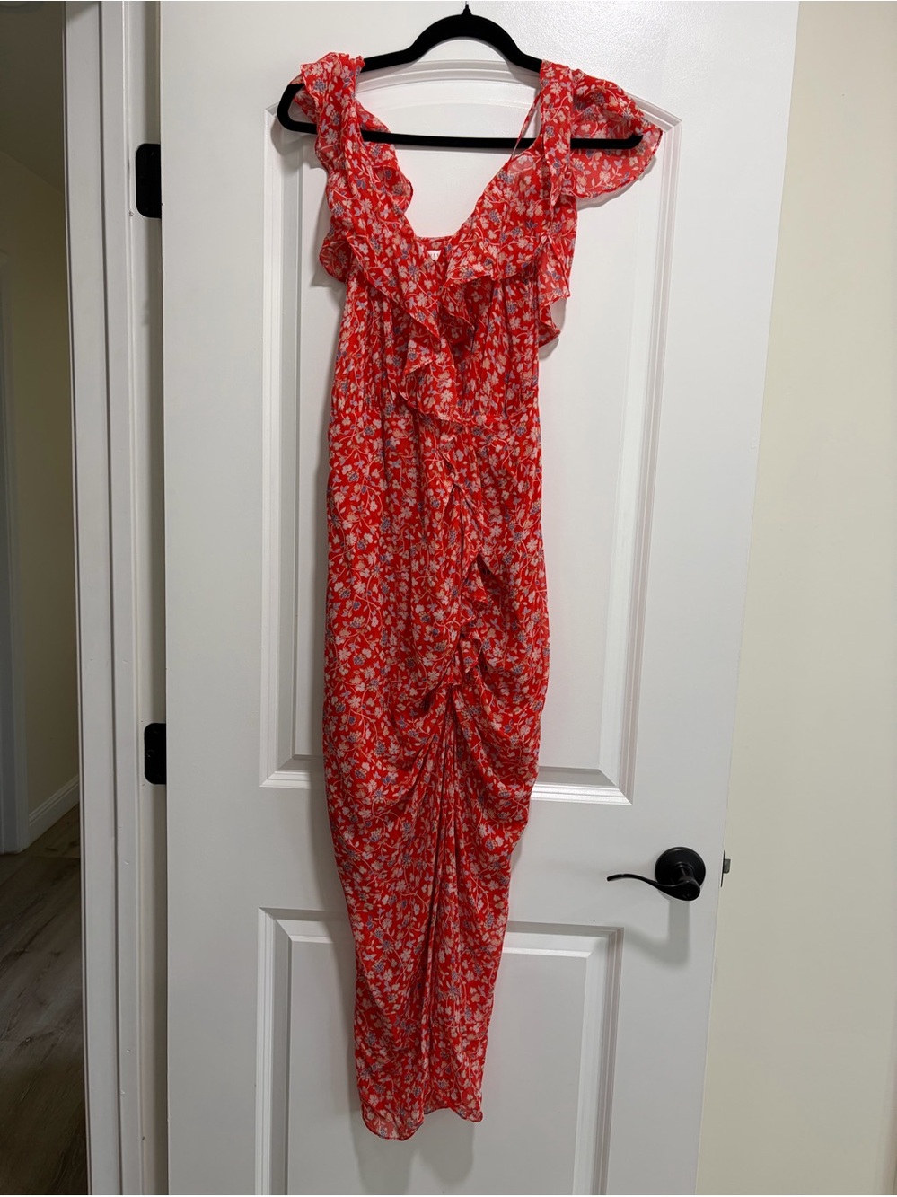 Veronica Beard Josephine Silk Ruched Midi Dress Red Floral V-Neck - Size 2